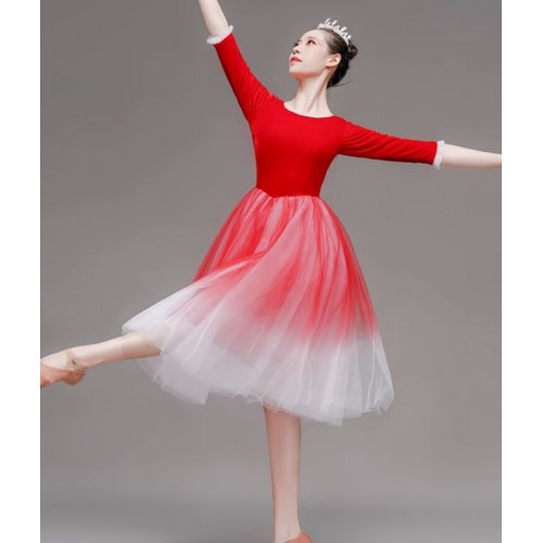 Red gradient Modern ballet dress long tutu skirts for women girls ballerina Stage performances accompanied costumes contemporary dance wear for female
